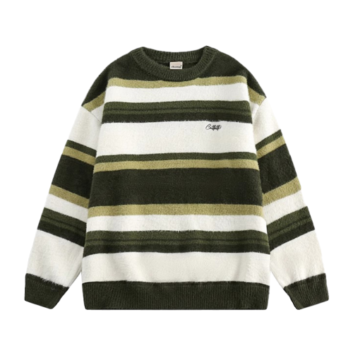 SHISANXUN撞色條紋圓領毛衣男士冬季復古休閒慵嬾風打底針織衫潮