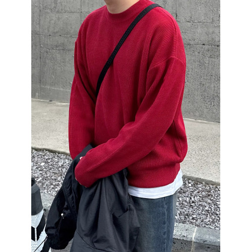 聖誕節本命年紅色慵懶圓領毛衣男打底衫長袖針織衫寬松厚毛織上衣