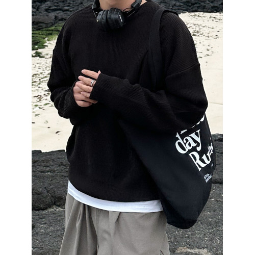 聖誕節本命年紅色慵懶圓領毛衣男打底衫長袖針織衫寬松厚毛織上衣