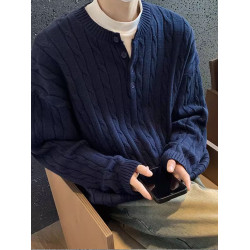 藏藍色亨利領麻花毛衣男秋冬慵懶風韓系高級感cleanfit針織衫外套