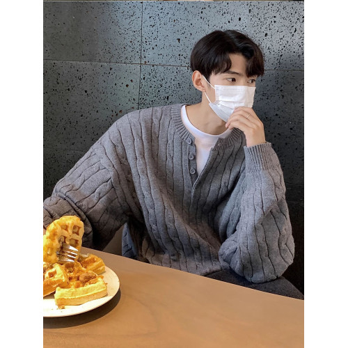 藏藍色亨利領麻花毛衣男秋冬慵懶風韓系高級感cleanfit針織衫外套