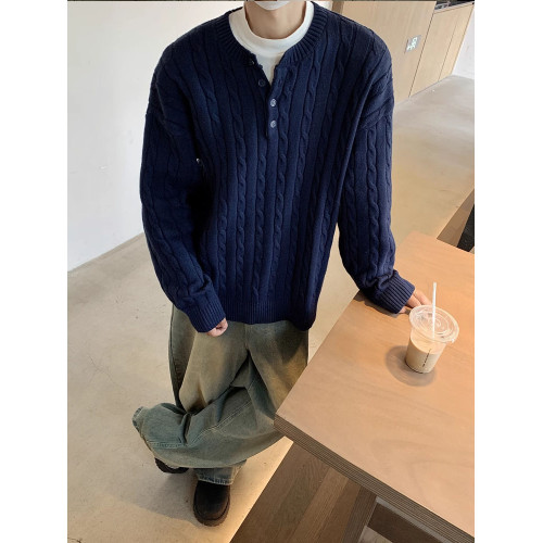 藏藍色亨利領麻花毛衣男秋冬慵懶風韓系高級感cleanfit針織衫外套