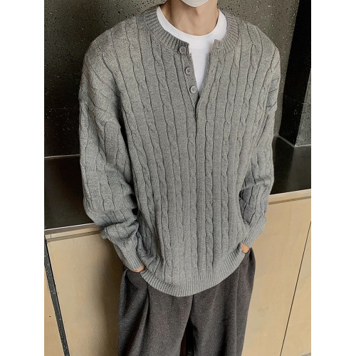 藏藍色亨利領麻花毛衣男秋冬慵懶風韓系高級感cleanfit針織衫外套