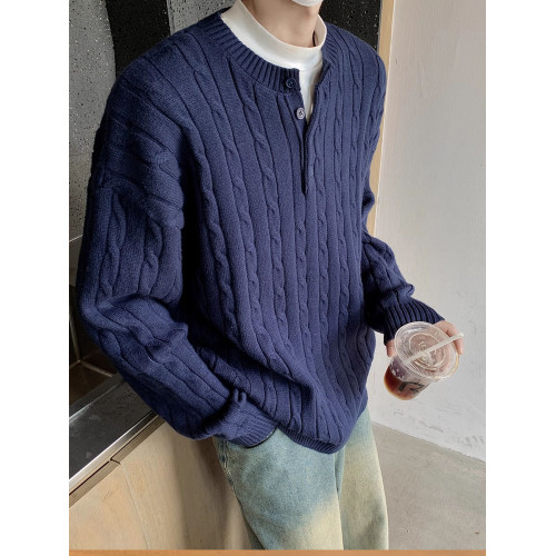 藏藍色亨利領麻花毛衣男秋冬慵懶風韓系高級感cleanfit針織衫外套