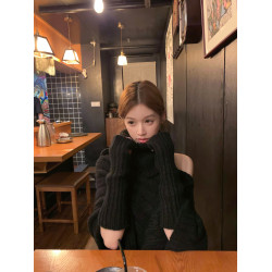 韓系純欲高領毛衣女秋冬新款設計感不規則慵懶風露肩氣質針織上衣
