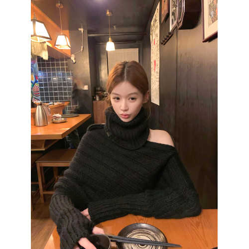 韓系純欲高領毛衣女秋冬新款設計感不規則慵懶風露肩氣質針織上衣 韓系純欲高領毛衣女秋冬新款設計感不規則慵懶風露肩氣質針織上衣