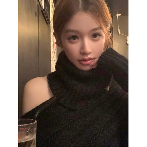 韓系純欲高領毛衣女秋冬新款設計感不規則慵懶風露肩氣質針織上衣 韓系純欲高領毛衣女秋冬新款設計感不規則慵懶風露肩氣質針織上衣
