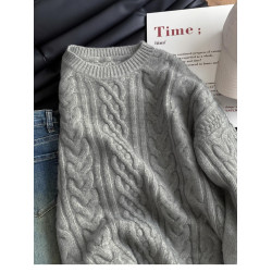 白色麻花毛衣冬季日系復古慵懶風高級圓領套頭針織衫內搭寬松加厚