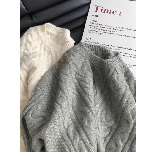 白色麻花毛衣冬季日系復古慵懶風高級圓領套頭針織衫內搭寬松加厚 白色麻花毛衣冬季日系復古慵懶風高級圓領套頭針織衫內搭寬松加厚