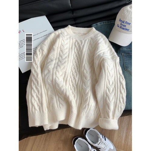 白色麻花毛衣冬季日系復古慵懶風高級圓領套頭針織衫內搭寬松加厚 白色麻花毛衣冬季日系復古慵懶風高級圓領套頭針織衫內搭寬松加厚