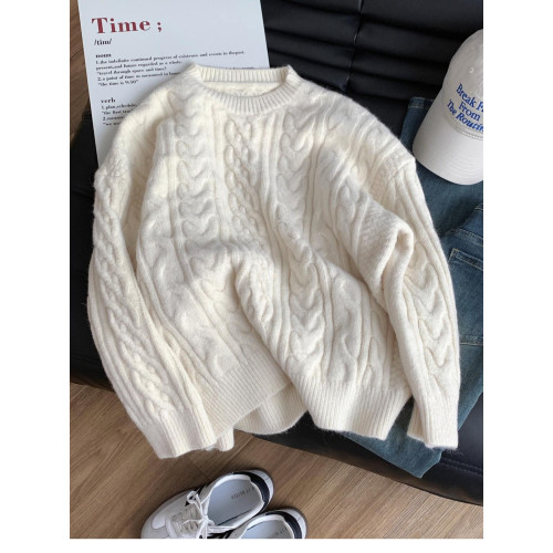 白色麻花毛衣冬季日系復古慵懶風高級圓領套頭針織衫內搭寬松加厚 白色麻花毛衣冬季日系復古慵懶風高級圓領套頭針織衫內搭寬松加厚