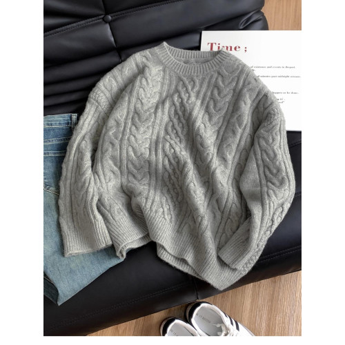 白色麻花毛衣冬季日系復古慵懶風高級圓領套頭針織衫內搭寬松加厚 白色麻花毛衣冬季日系復古慵懶風高級圓領套頭針織衫內搭寬松加厚