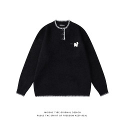 MOISHE TIDE美式小貓手縫紐釦圓領毛衣男秋季寬松情侶休閒針織衫