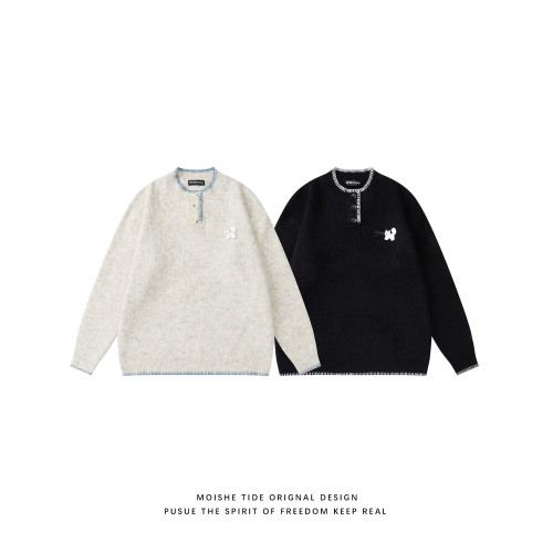 MOISHE TIDE美式小貓手縫紐釦圓領毛衣男秋季寬松情侶休閒針織衫