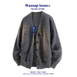 WASSUP ISSUE美式潮牌仿貂絨針織開衫男春秋寬松加絨加厚毛衣外套