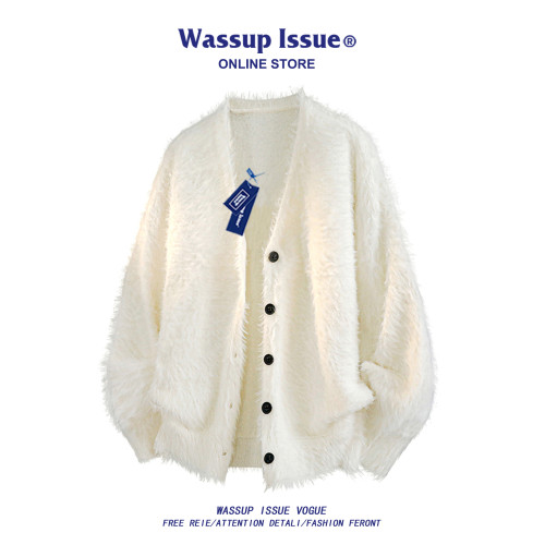 WASSUP ISSUE美式潮牌仿貂絨針織開衫男春秋寬松加絨加厚毛衣外套