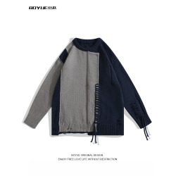 BOYUE帛躍美式小衆不規則拼接毛衣撞色手工編織個性針織衫男女潮