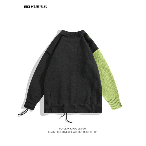 BOYUE帛躍美式小衆不規則拼接毛衣撞色手工編織個性針織衫男女潮