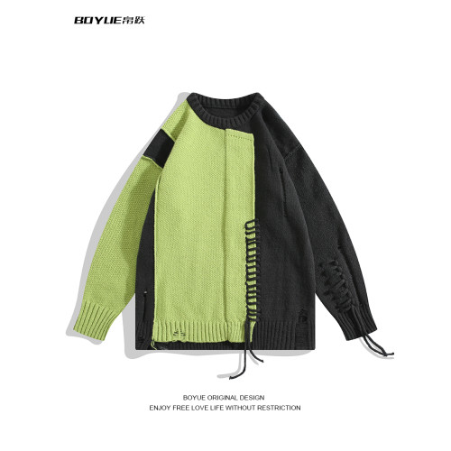 BOYUE帛躍美式小衆不規則拼接毛衣撞色手工編織個性針織衫男女潮