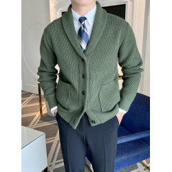 秋冬季高級V領開衫男英倫復古修身輕熟商務針織衫流行毛衣外套男