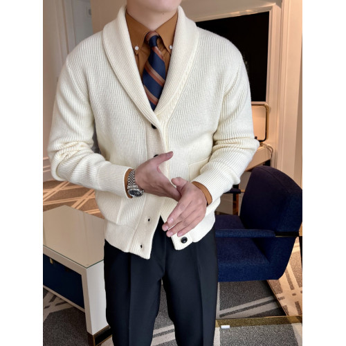 秋冬季高級V領開衫男英倫復古修身輕熟商務針織衫流行毛衣外套男