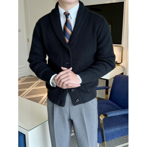 秋冬季高級V領開衫男英倫復古修身輕熟商務針織衫流行毛衣外套男