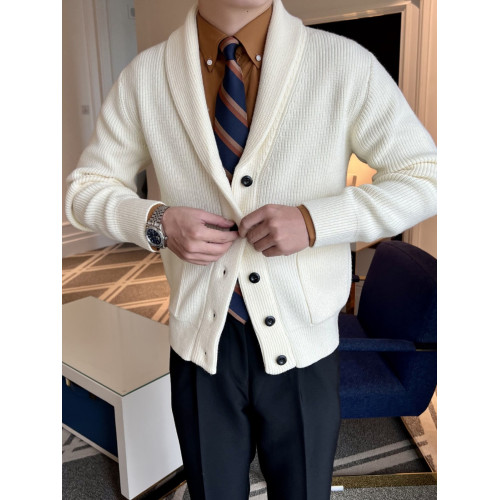 秋冬季高級V領開衫男英倫復古修身輕熟商務針織衫流行毛衣外套男