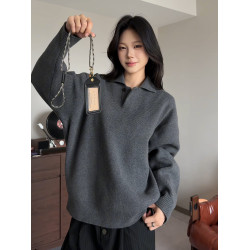 深灰色海鷗v領毛衣男女秋冬慵懶高級感針織打底內搭老錢風polo衫