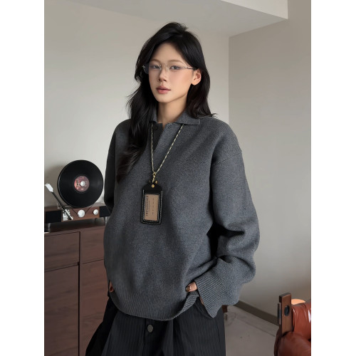 深灰色海鷗v領毛衣男女秋冬慵懶高級感針織打底內搭老錢風polo衫