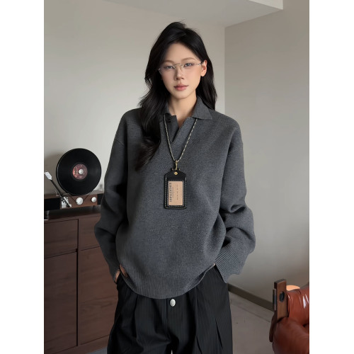 深灰色海鷗v領毛衣男女秋冬慵懶高級感針織打底內搭老錢風polo衫