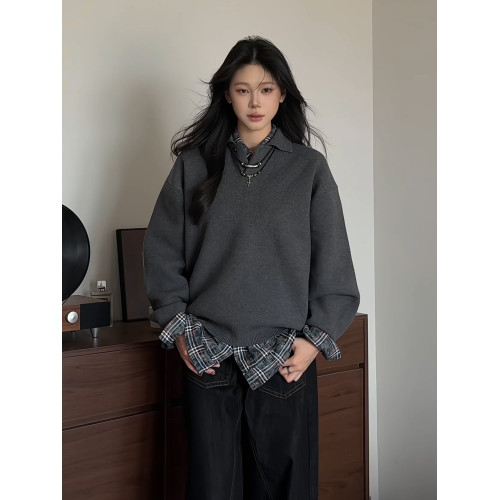 深灰色海鷗v領毛衣男女秋冬慵懶高級感針織打底內搭老錢風polo衫