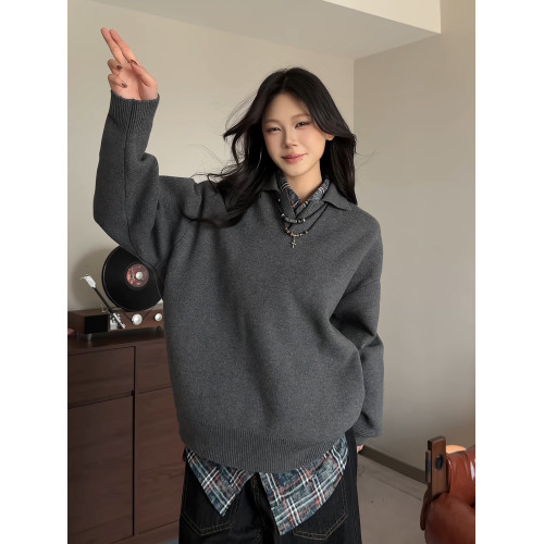 深灰色海鷗v領毛衣男女秋冬慵懶高級感針織打底內搭老錢風polo衫