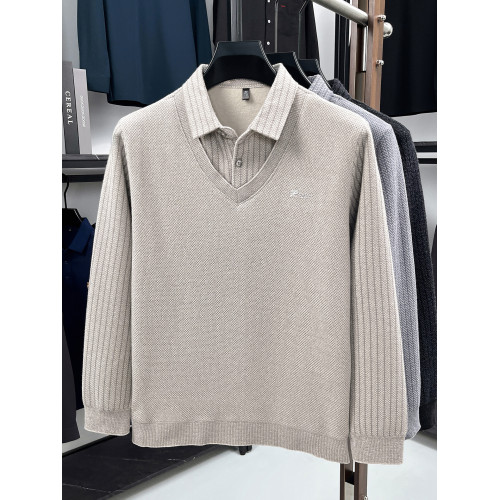 啄木鳥冬季男士中老年假兩件雪貂絨毛衣翻領加絨加厚保暖打底衫潮