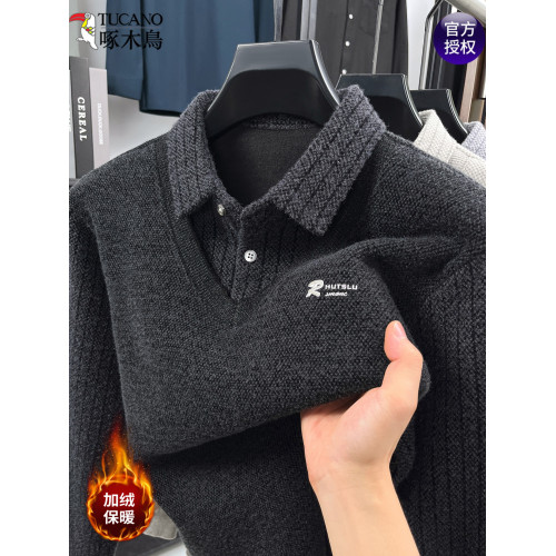 啄木鳥冬季男士中老年假兩件雪貂絨毛衣翻領加絨加厚保暖打底衫潮