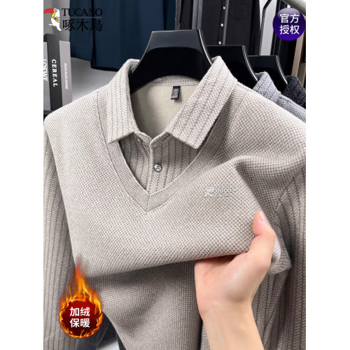 啄木鳥冬季男士中老年假兩件雪貂絨毛衣翻領加絨加厚保暖打底衫潮