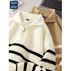 Genio Lamode條紋毛衣男2025秋冬軟糯慵懶風男女同款半拉鍊針織衫