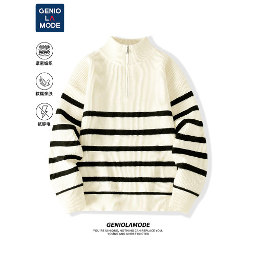 Genio Lamode條紋毛衣男2025秋冬軟糯慵懶風男女同款半拉鍊針織衫