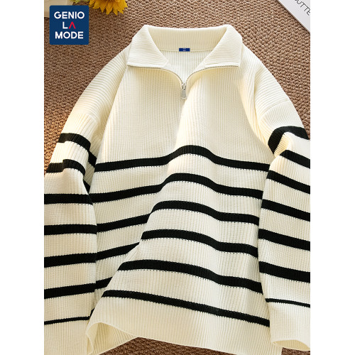 Genio Lamode條紋毛衣男2025秋冬軟糯慵懶風男女同款半拉鍊針織衫