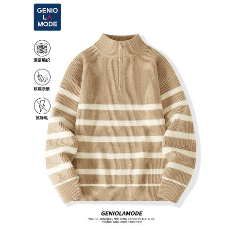 Genio Lamode條紋毛衣男2025秋冬軟糯慵懶風男女同款半拉鍊針織衫