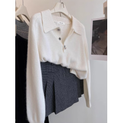 秋冬polo翻領三粒釦毛衣針織打底衫女內搭復古灰色山羊絨上衣厚