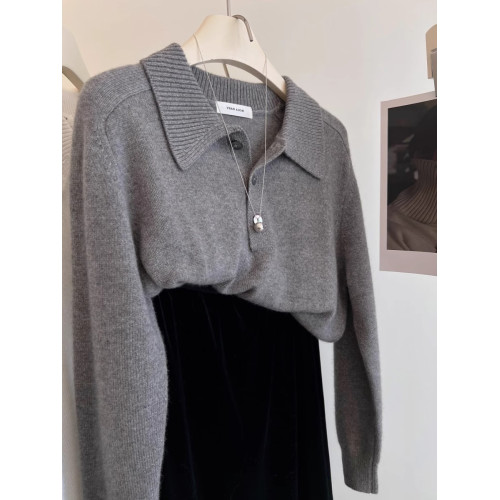 秋冬polo翻領三粒釦毛衣針織打底衫女內搭復古灰色山羊絨上衣厚 秋冬polo翻領三粒釦毛衣針織打底衫女內搭復古灰色山羊絨上衣厚