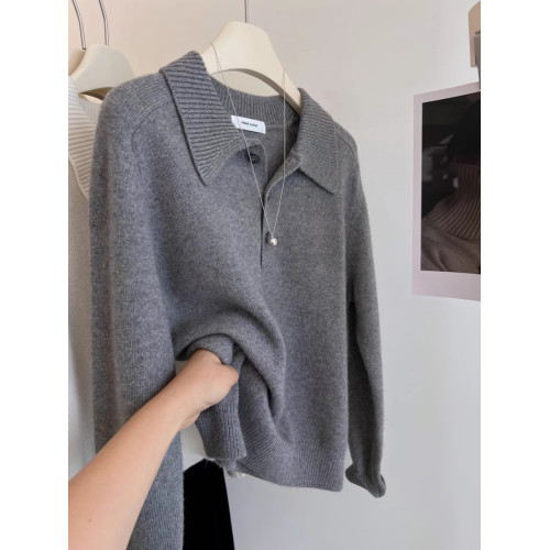 秋冬polo翻領三粒釦毛衣針織打底衫女內搭復古灰色山羊絨上衣厚 秋冬polo翻領三粒釦毛衣針織打底衫女內搭復古灰色山羊絨上衣厚