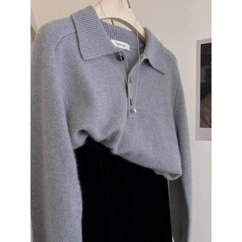 秋冬polo翻領三粒釦毛衣針織打底衫女內搭復古灰色山羊絨上衣厚 秋冬polo翻領三粒釦毛衣針織打底衫女內搭復古灰色山羊絨上衣厚