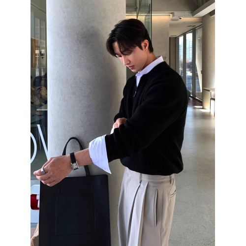 韓版高級感cleanfit半拉鍊毛衣男春秋季休閒寬松針織POLO領外套潮