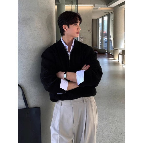 韓版高級感cleanfit半拉鍊毛衣男春秋季休閒寬松針織POLO領外套潮