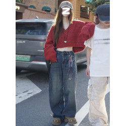 復古紅色V領毛衣罩衫女初秋冬季新款小個子寬松慵懶短款針織上衣