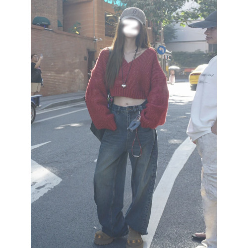 復古紅色V領毛衣罩衫女初秋冬季新款小個子寬松慵懶短款針織上衣