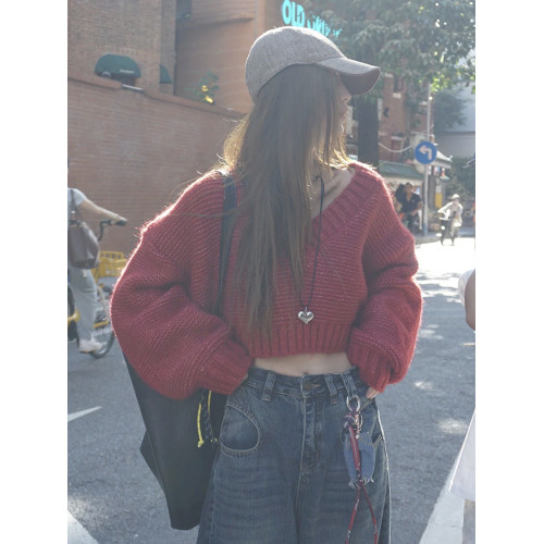 復古紅色V領毛衣罩衫女初秋冬季新款小個子寬松慵懶短款針織上衣