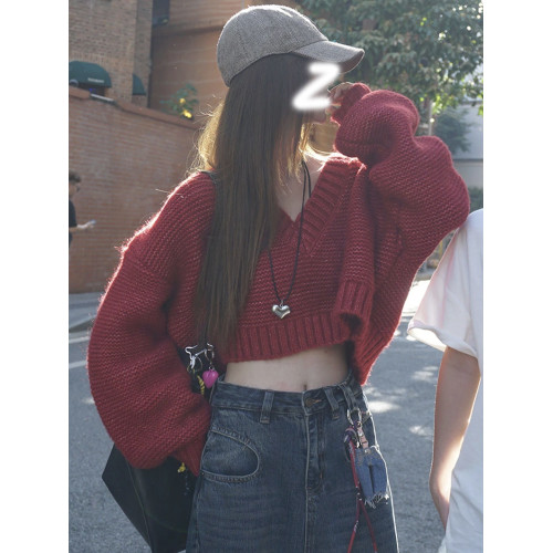 復古紅色V領毛衣罩衫女初秋冬季新款小個子寬松慵懶短款針織上衣