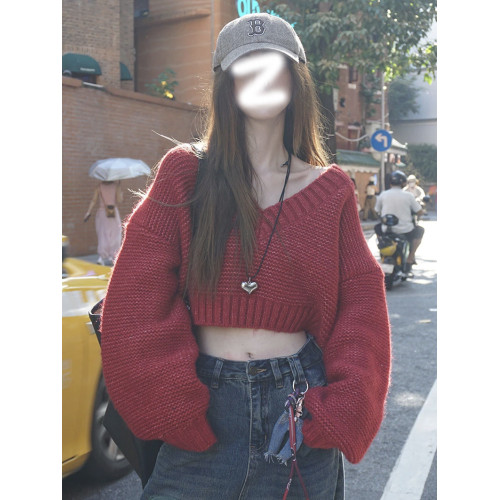 復古紅色V領毛衣罩衫女初秋冬季新款小個子寬松慵懶短款針織上衣